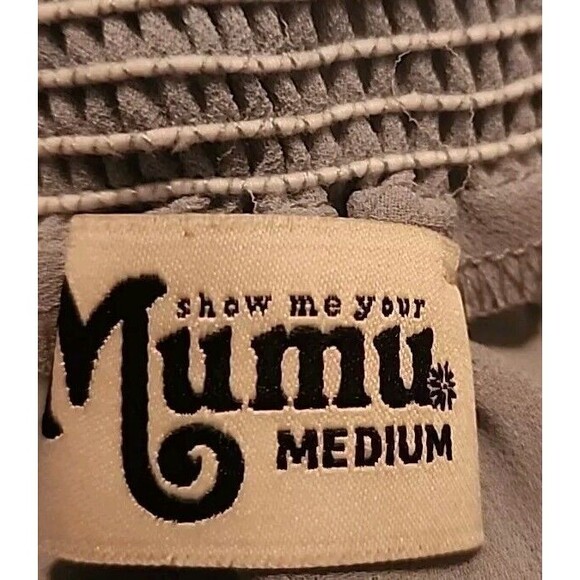 Show Me Your Mumu Maxi Dress Medium Blue Fluter Off Shoulder Lined Elastic Waist - Picture 3 of 7